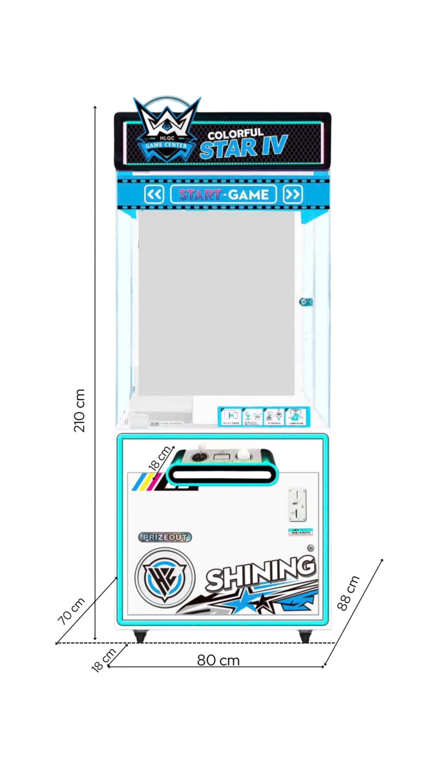 Kích thước máy gắp gấu Colorful Star IV phiên bản xanh dương: cao 210cm, rộng 80cm, sâu 88cm, chiều cao 210cm Kích thước máy gắp gấu Colorful Star IV phiên bản xanh dương: cao 210cm, rộng 80cm, sâu 88cm, chiều cao 210cm