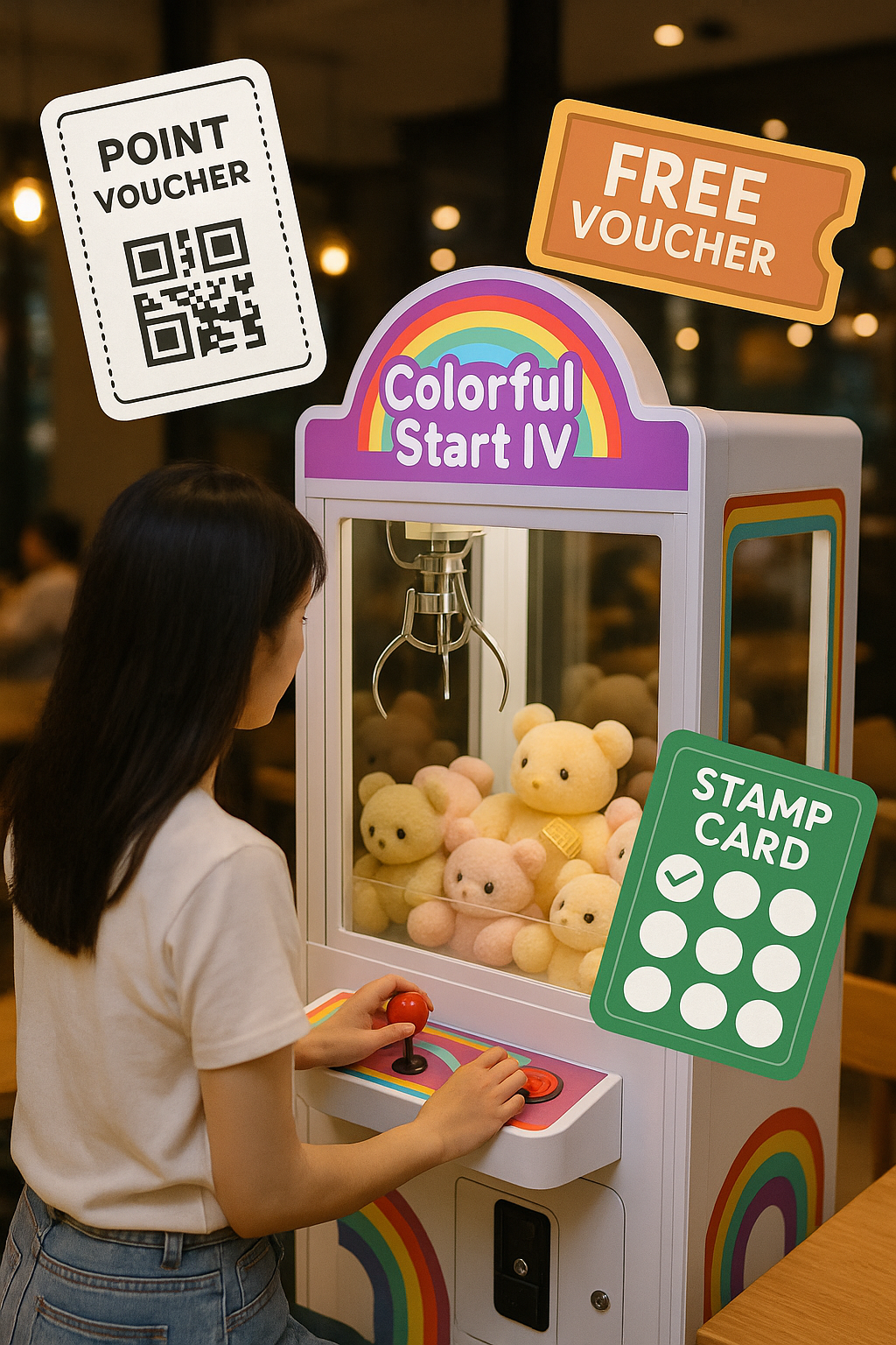 Cô gái đang chơi Máy gắp thú với các voucher khuyến mãi của quán Cô gái đang chơi Máy gắp thú với các voucher khuyến mãi của quán