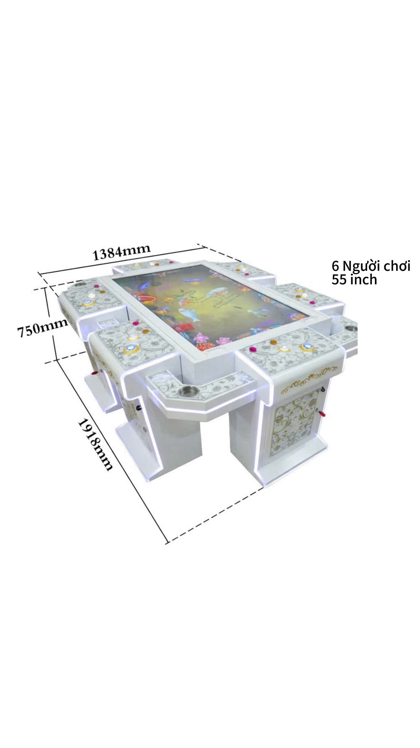 Kích thước máy game bắn cá 6 người chơi bàn vuông: 1384mm x 1918mm, màn hình 55 inch, sơ đồ kỹ thuật chi tiết model arcade Kích thước máy game bắn cá 6 người chơi