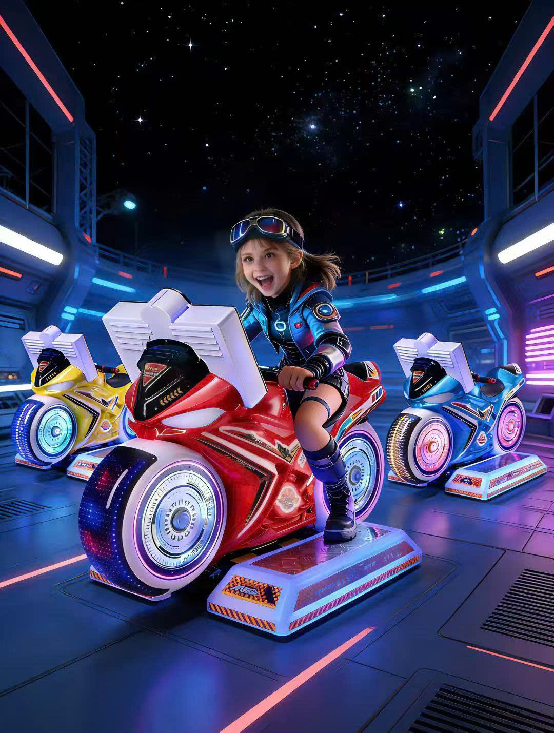 Máy có màu sắc nổi bật vàng đỏ xanh, đặt trong khu vui chơi hiện đại dưới bầu trời sao Máy có màu sắc nổi bật vàng đỏ xanh, đặt trong khu vui chơi hiện đại dưới bầu trời sao