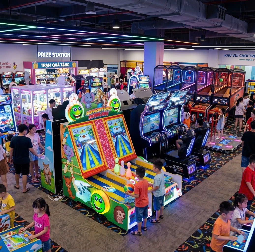 Trẻ em đang chơi máy bowling điện tử tại khu vui chơi. Trẻ em đang chơi máy bowling điện tử tại khu vui chơi