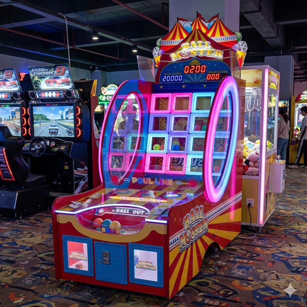 Máy game ném bóng đầy màu sắc trong không gian trung tâm giải trí Máy game ném bóng đầy màu sắc trong không gian trung tâm giải trí
