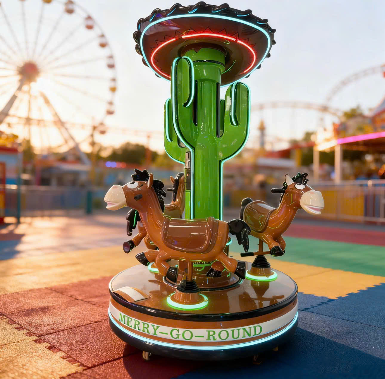 Đu quay cao bồi mini với cây xương rồng trung tâm nổi bật. Đu quay cao bồi mini với cây xương rồng trung tâm nổi bật.