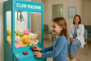 Bé thoải mái vui chơi ở máy gắp thú trong thời gian chờ mẹ