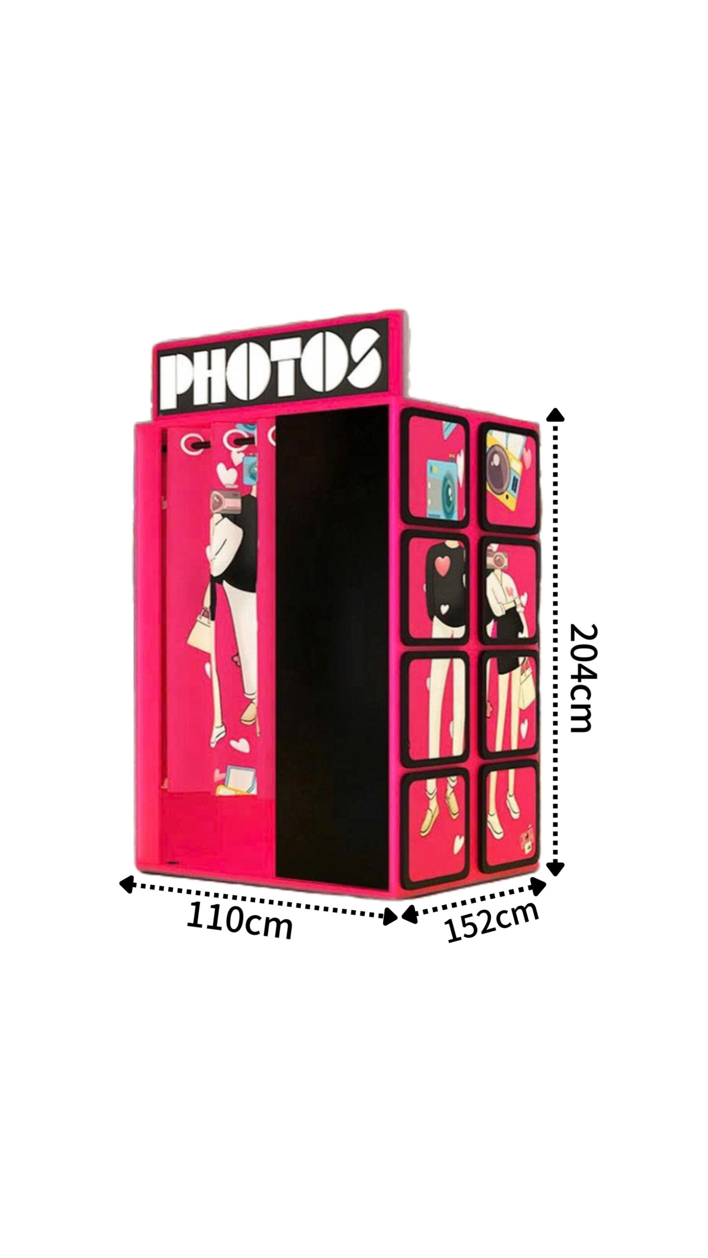 Kích thước phòng chụp ảnh photobooth màu hồng 110cm x 152cm x 204cm