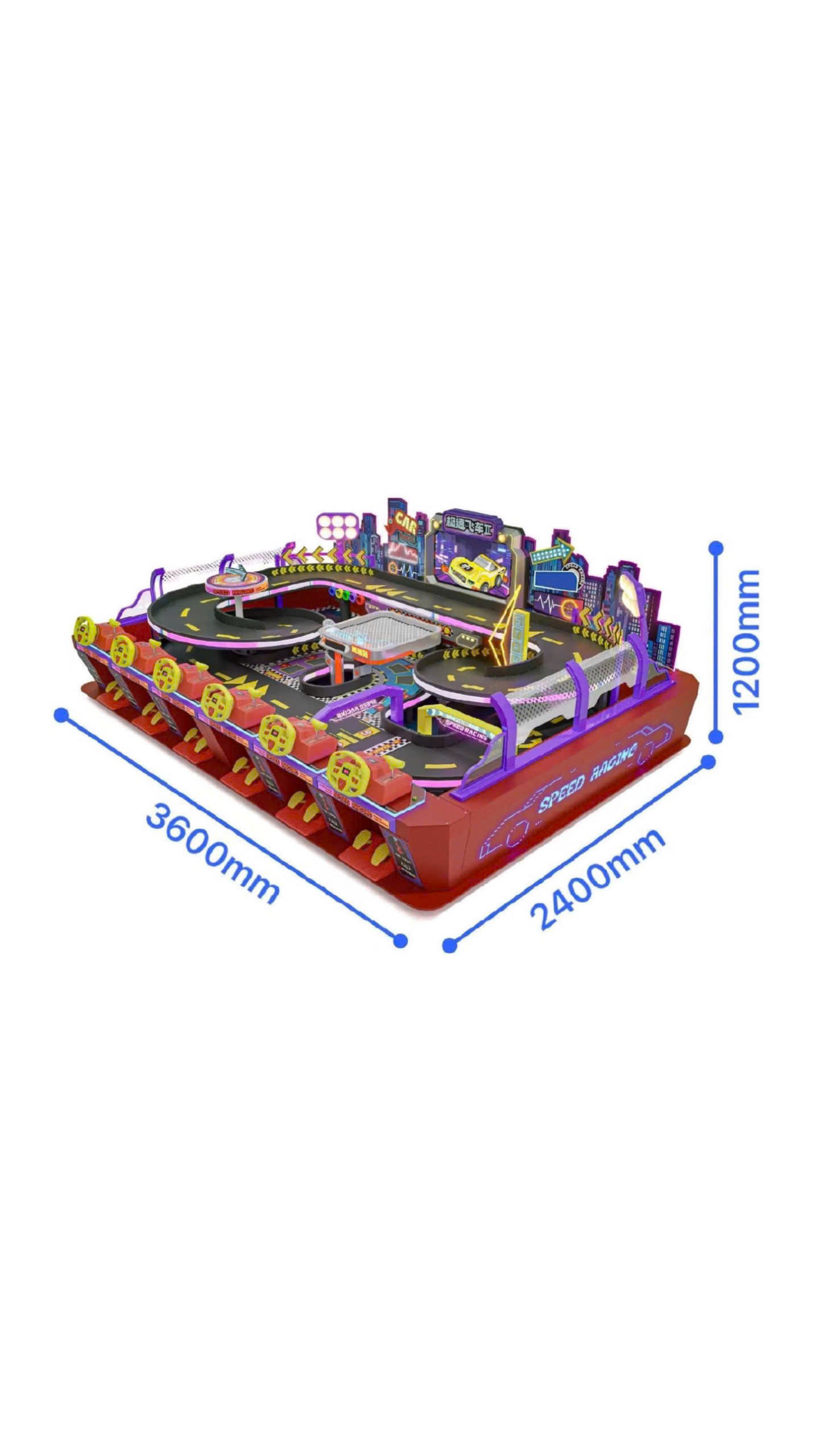 Máy đua xe coin operated 6 người chơi với kích thước chuẩn 3600×2400×1200mm, phù hợp lắp đặt tại khu vui chơi và trung tâm thương mại.