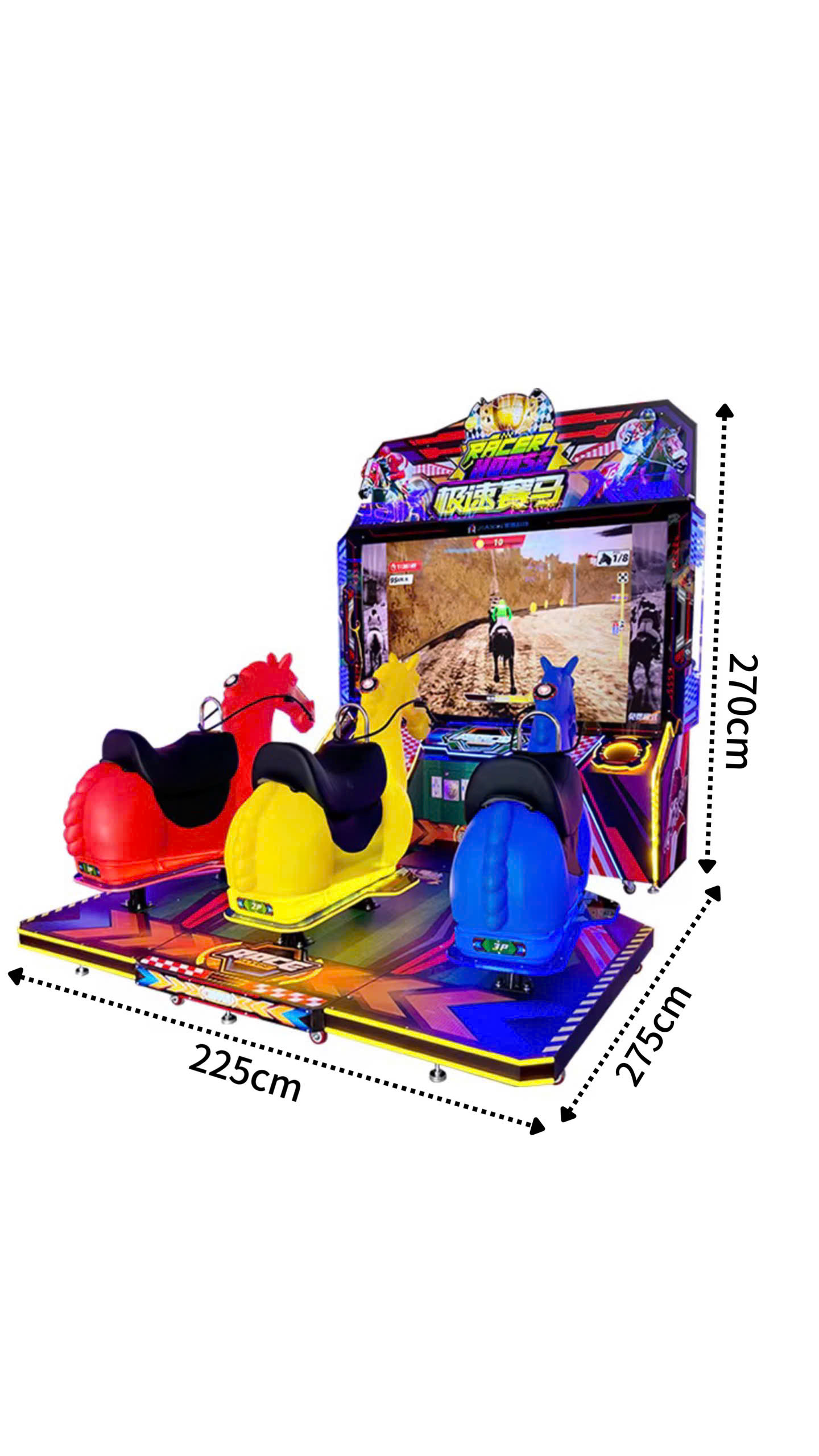 Máy game đua ngựa mô phỏng 3 người chơi racer horse kích thước 225x275x270 cm nền tảng chơi LED đa sắc và 3 yên ngựa màu đỏ vàng xanh