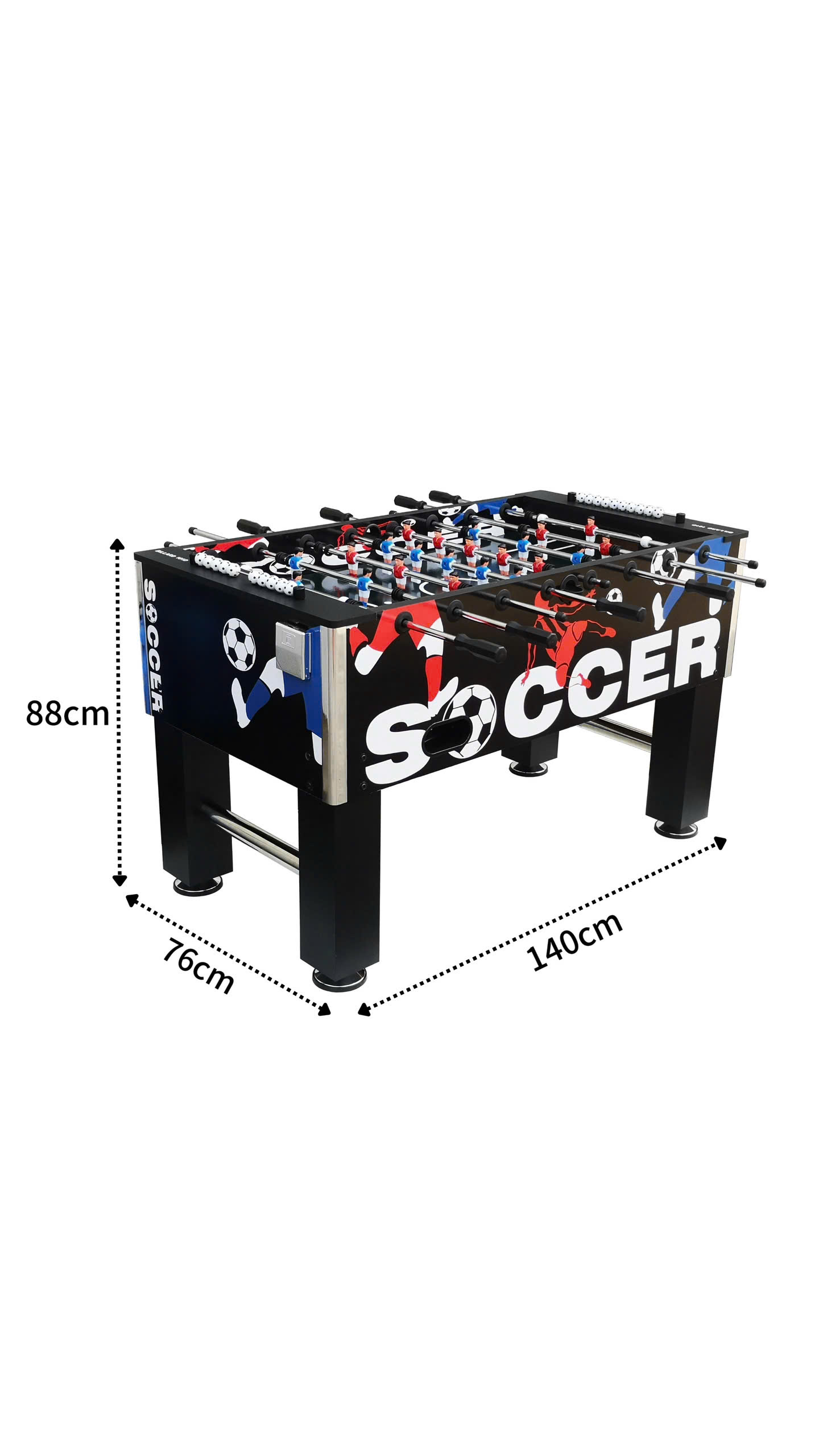 Kích thước bàn bi lắc 140cm dài x 76cm rộng x 88cm cao, mặt bàn họa tiết cầu thủ bóng đá màu đen - đỏ - xanh.