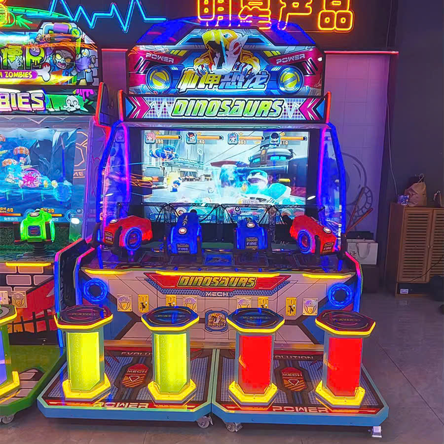 Máy game bắn súng khủng long Dinosaurs Mech 4 người chơi, phiên bản cabin ngồi với xe điều khiển màu sắc rực rỡ trong showroom