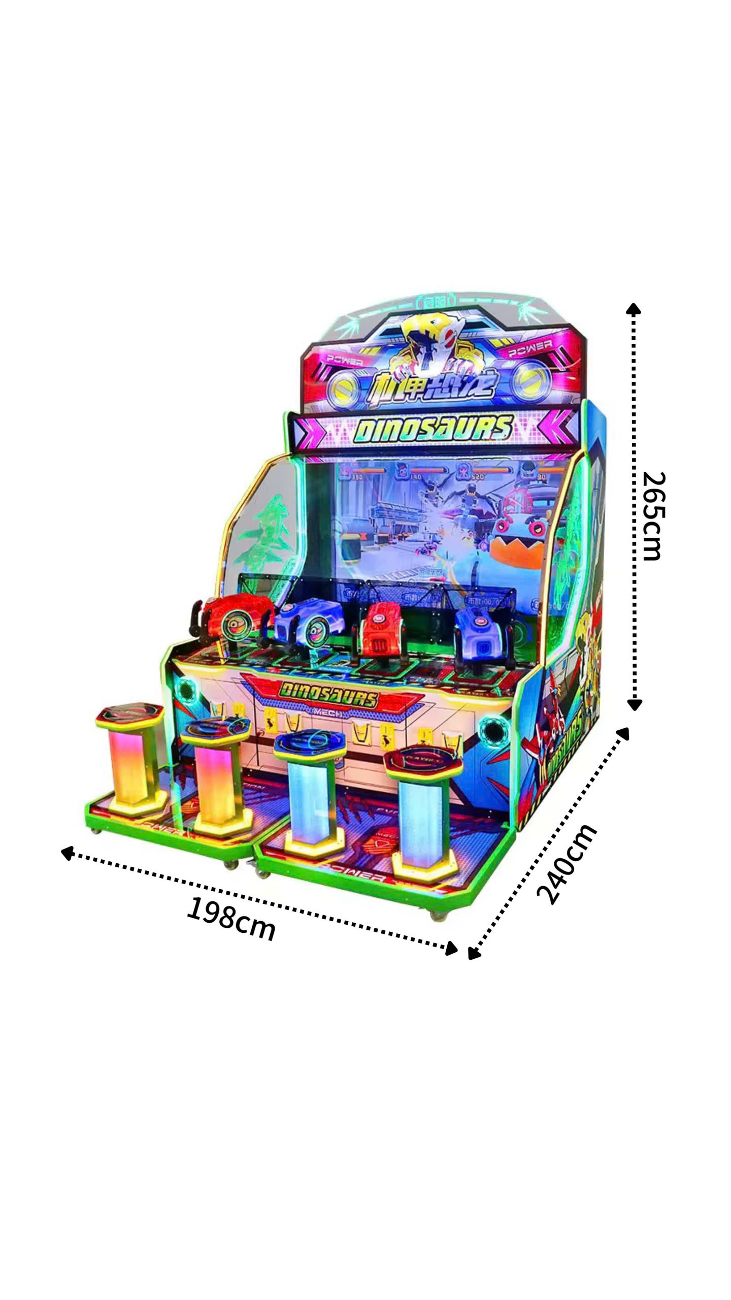 Bản vẽ kích thước tủ game arcade Dinosaurs Evolution: 198cm ngang, 240cm sâu,, cao 265cm phiên bản cabin ngồi