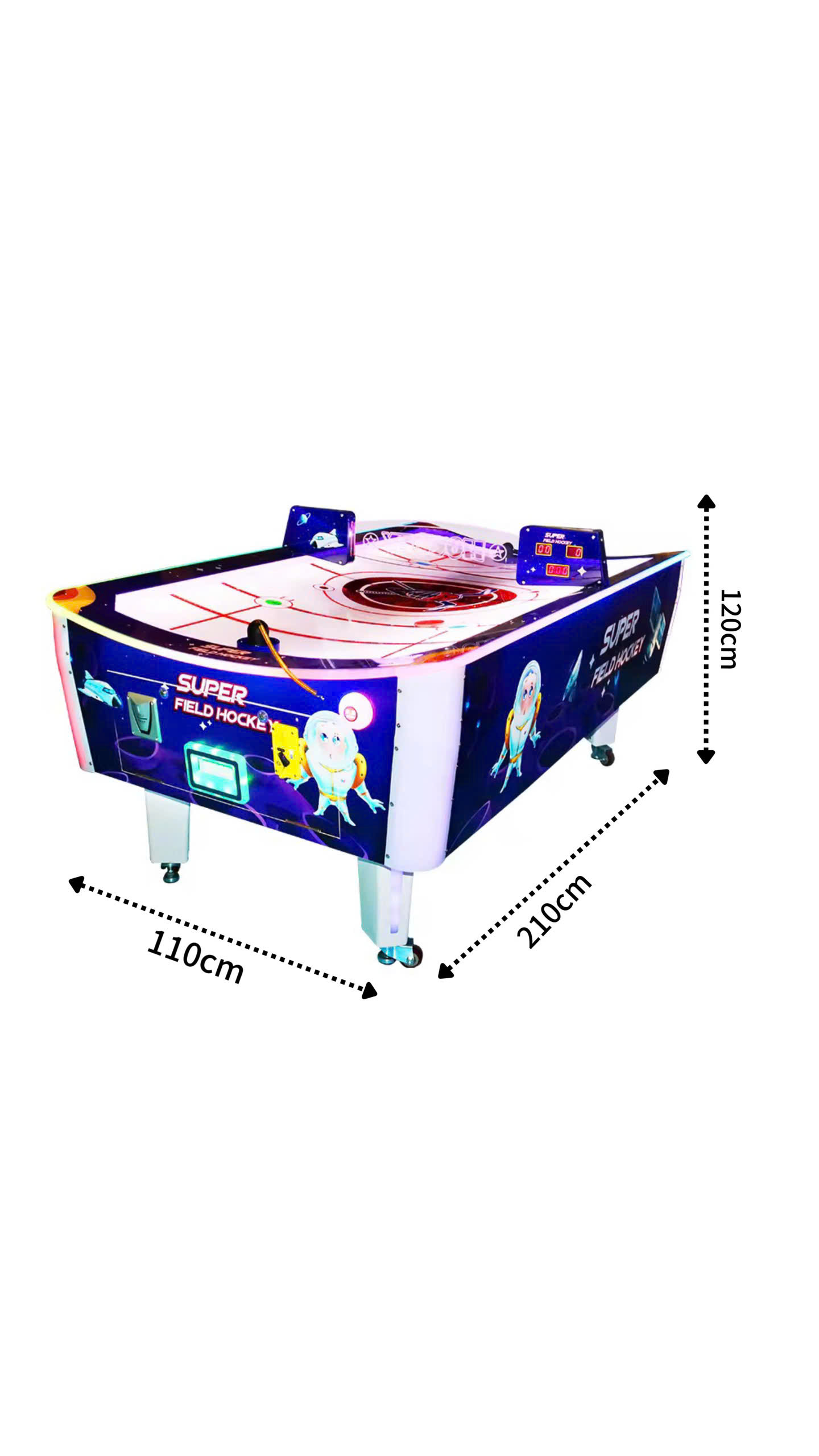 Máy chơi air hockey Super Field Hockey kích thước 210x110x120cm, mặt bàn in sân hockey vũ trụ, đèn viền RGB