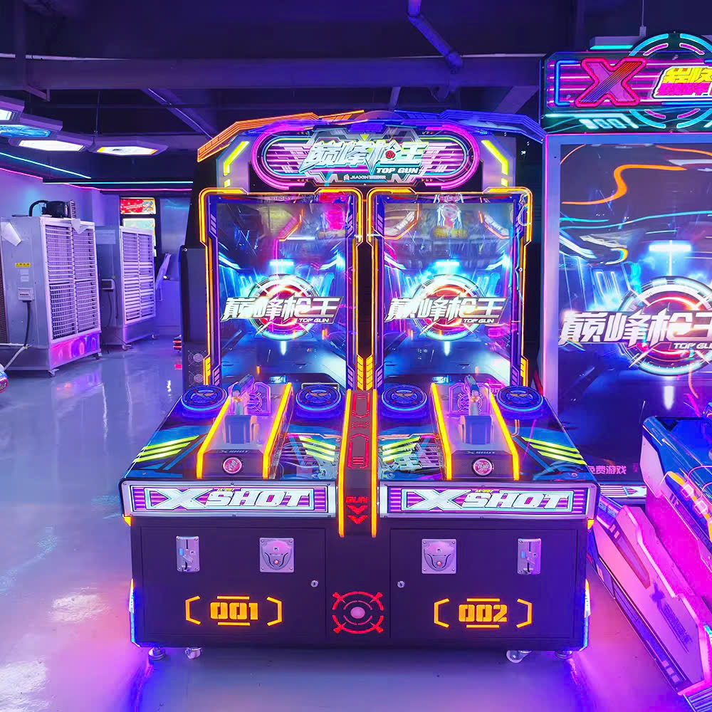 Máy chơi game bắn súng arcade 2 người, thiết kế đèn neon hiện đại, 2 màn hình 49 inch, coin operated cho trung tâm thương mại