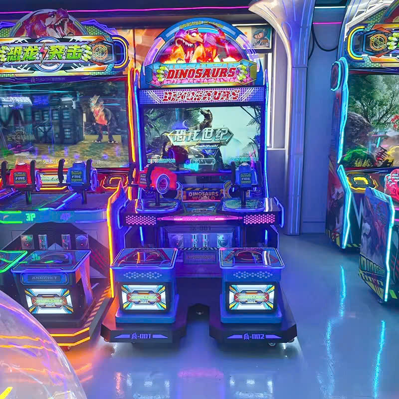 Máy bắn súng khủng long 2 người chơi, đèn LED tím rực, arcade gun shooter đa người