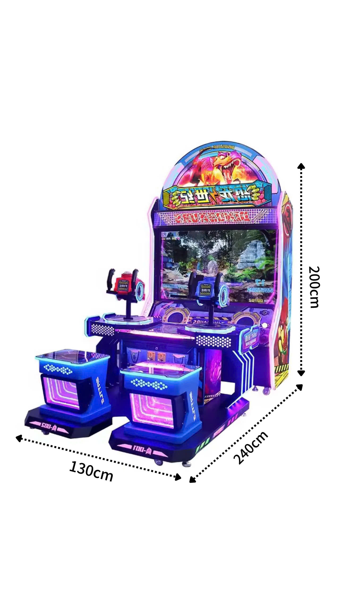 Kích thước 200cm cao x130cm rộng x 240cm sâu, thiết kế hai người chơi đèn LED xanh tím rực rỡ