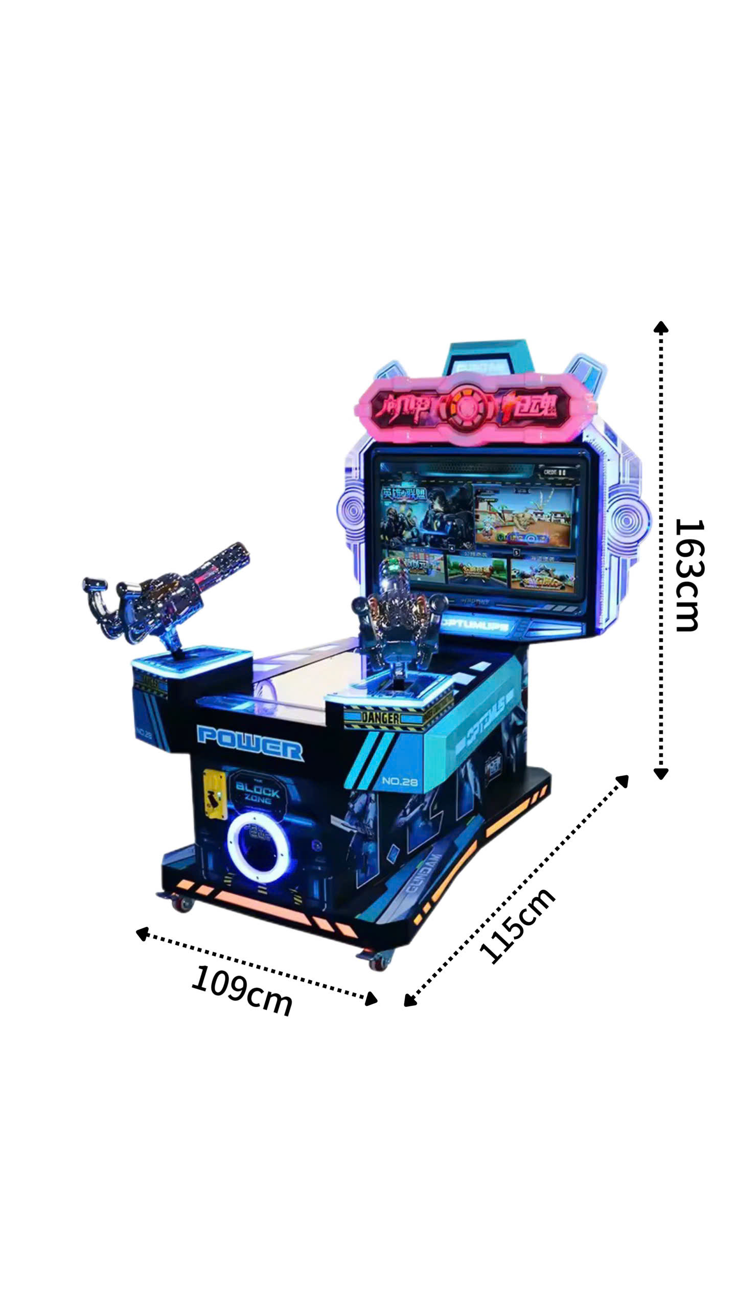 Góc nghiêng hiển thị rõ súng kim loại sáng bóng, robot chiến binh trên khay quà, màn hình game hành động, đèn LED xanh dương viền quanh thân máy, chiều cao 163cm, kiểu dáng arcade hấp dẫn.