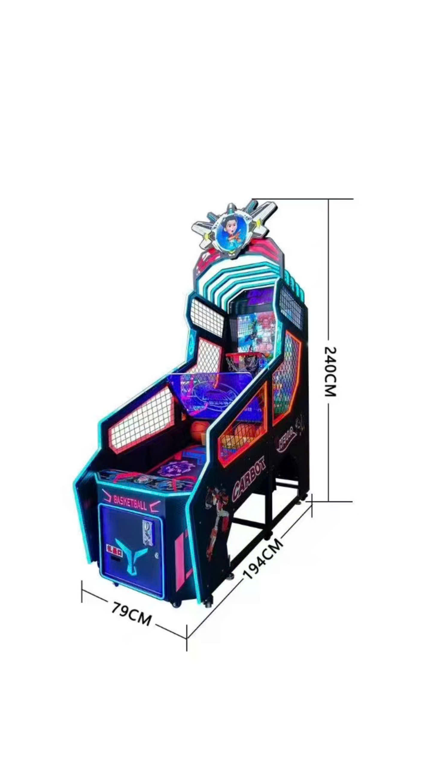 Kích thước máy bóng rổ arcade Hello Carbot - Carbot nhỏ: cao 240cm, rộng 194cm, sâu 79cm, phù hợp khu vui chơi gia đình hoặc trung tâm