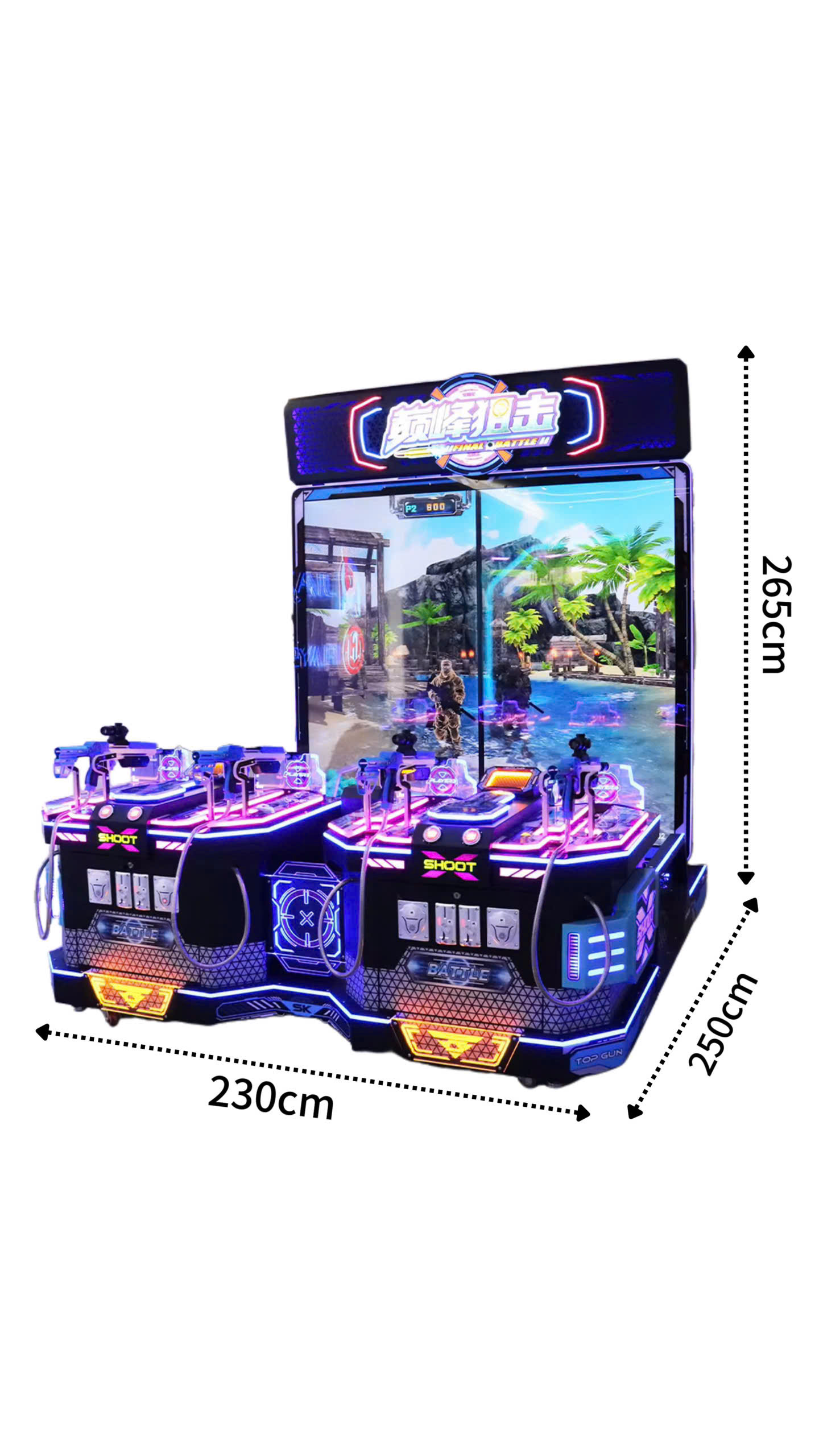 Hình ảnh máy đầy đủ kích thước 265cm cao, 230-250cm rộng, màn hình hiển thị lính đặc nhiệm chiến đấu ở bãi biển nhiệt đới