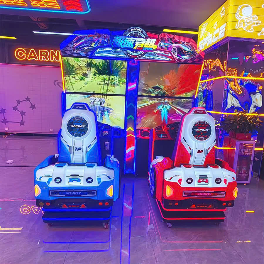 Máy game đua xe hơi 2 người cực tốc với ghế ngồi mô phỏng và màn hình lớn trong phòng arcade đèn LED