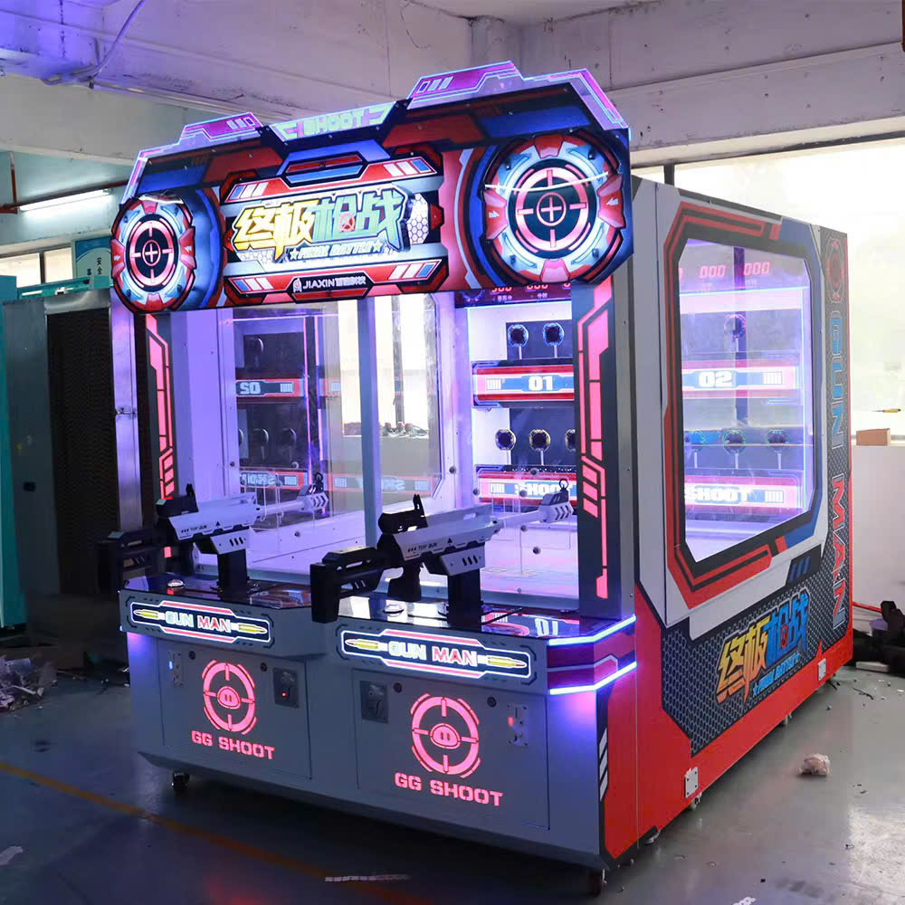 Máy gun man bắn súng đổi thưởng 2 người chơi, cabin lớn với 2 khẩu súng, đèn LED neon và màn hình hiển thị điểm thưởng