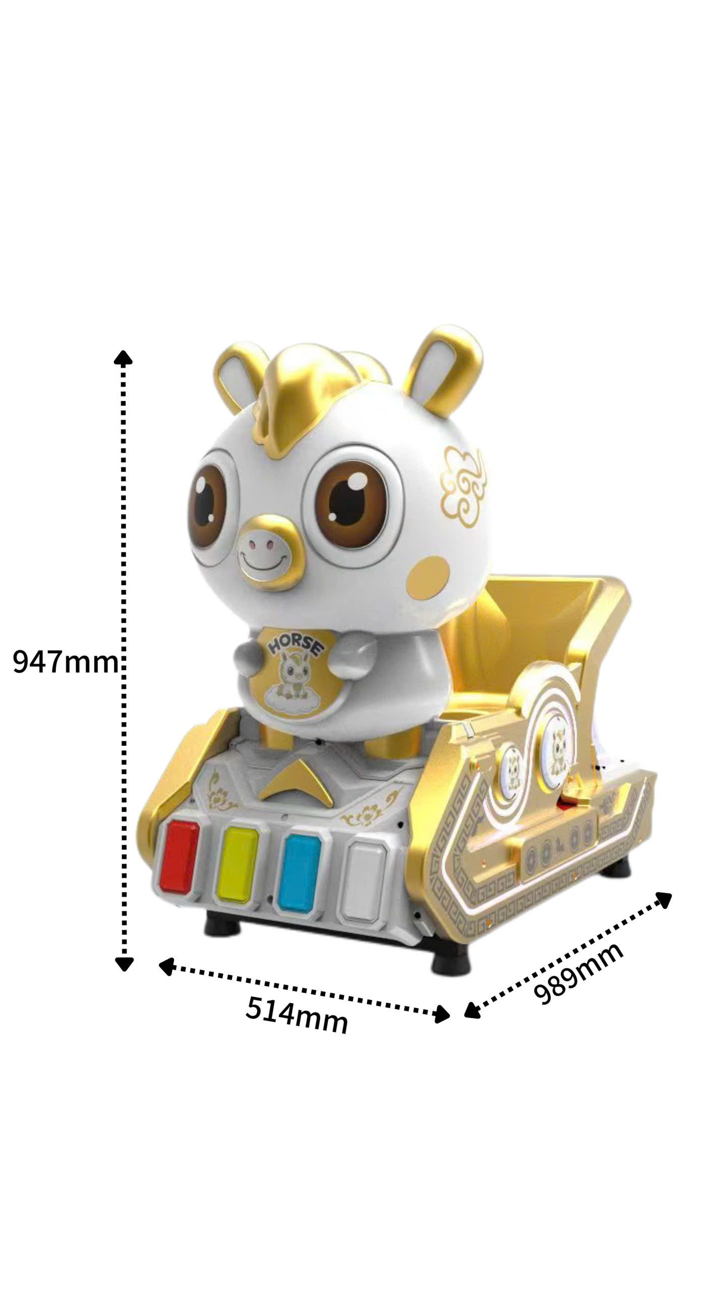 Kích thước thú nhún điện trẻ em ngựa trắng vàng 947x989x514mm