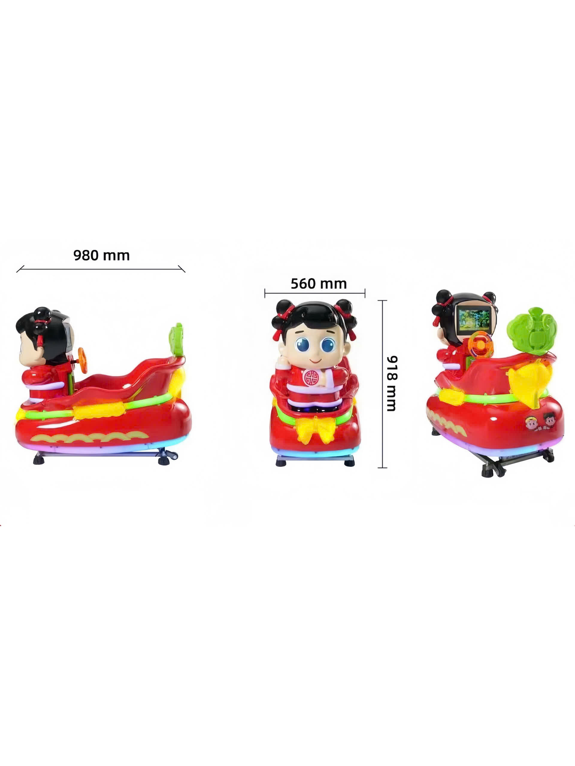 Máy nhún điện trẻ em hình cô bé và cậu bé tài lộc, kích thước 980x560x918mm