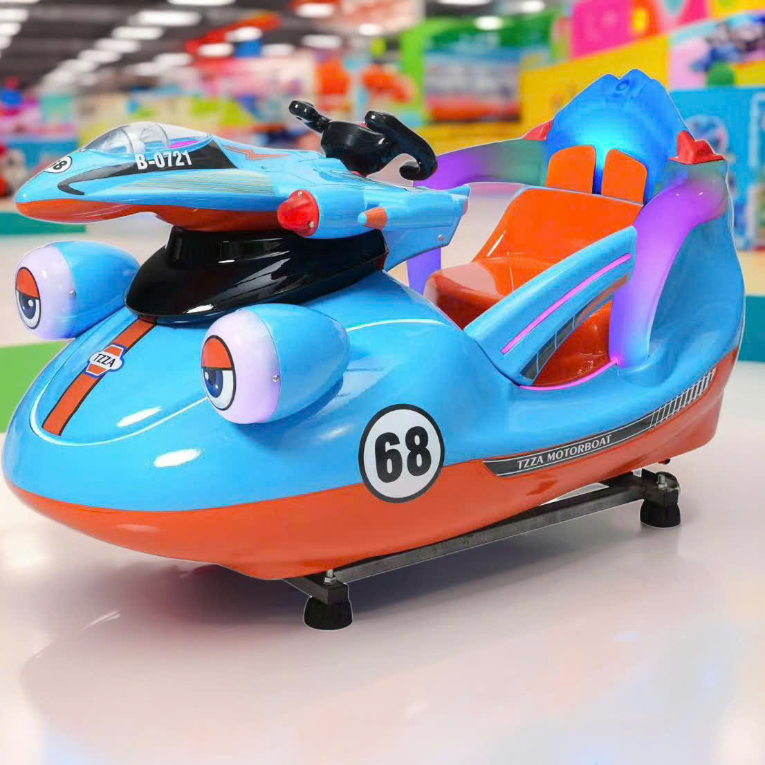 Xe nhún trẻ em hình cano, màu xanh dương - cam rực rỡ.