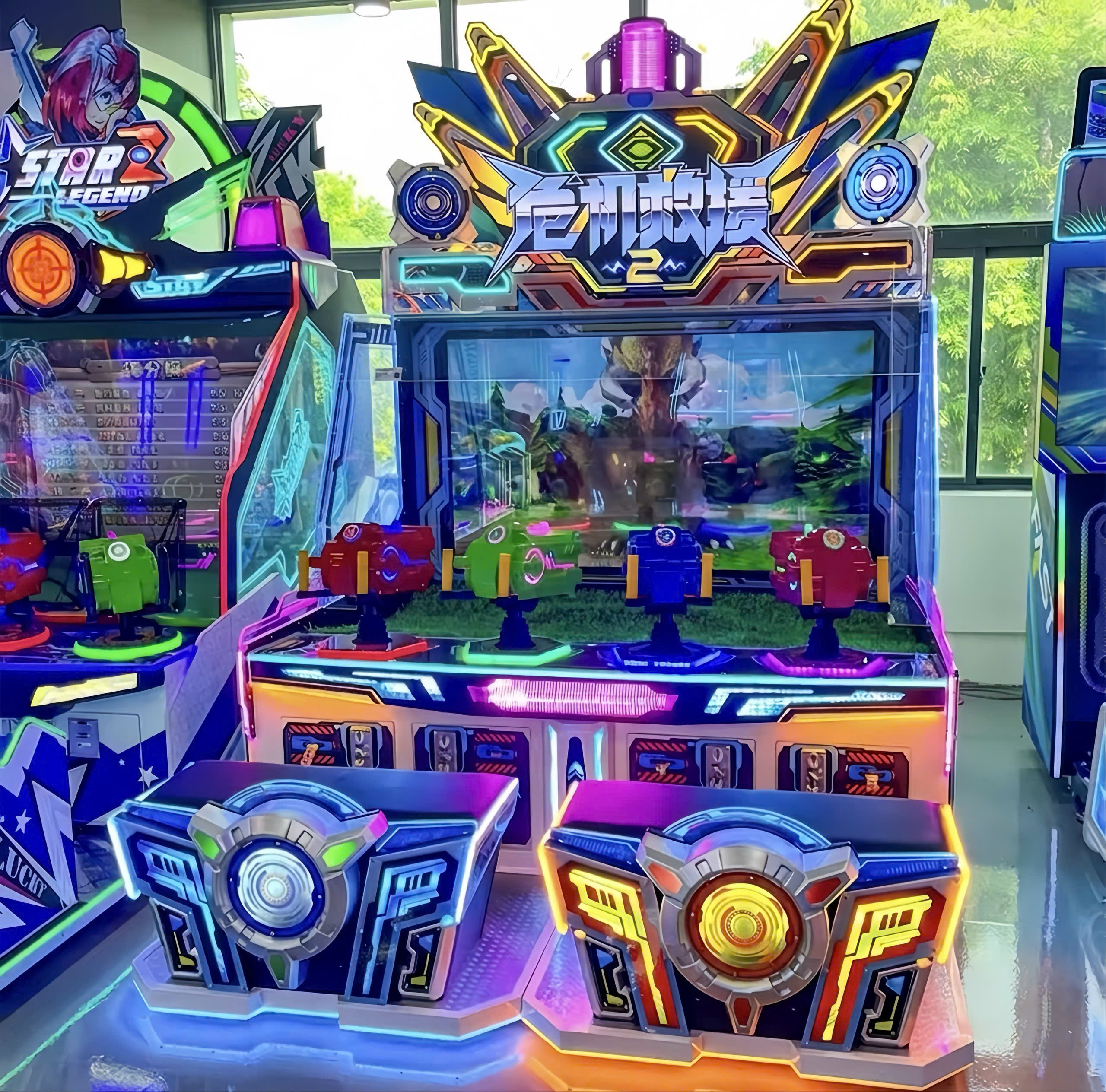 Máy game bắn zombie 4 người chơi Crisis Rescue 2, góc nhìn toàn thân nổi bật với khung máy chắc chắn và thiết kế tương lai