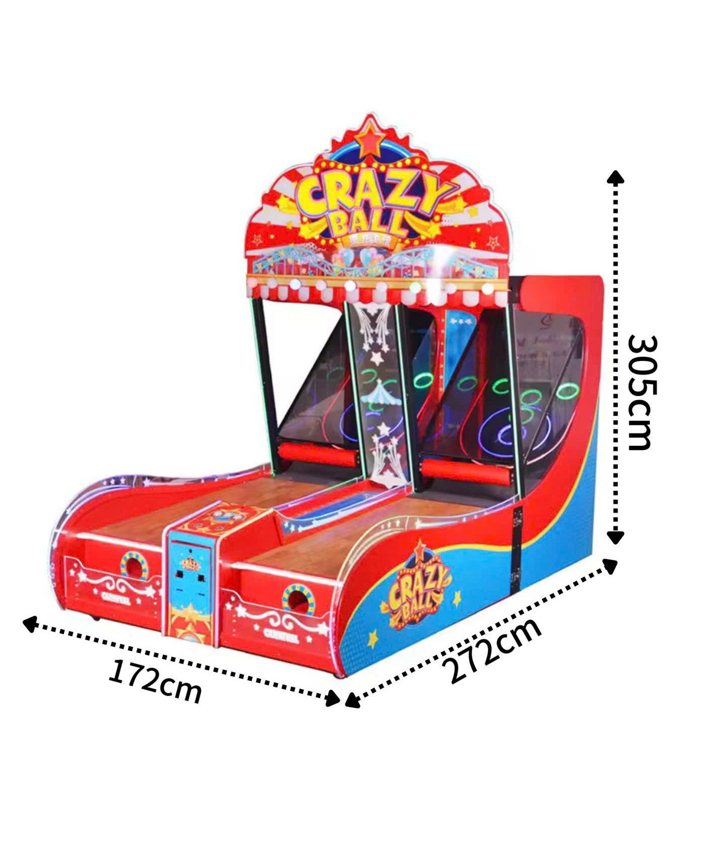 Kích thước máy game lăn bóng Crazy Ball