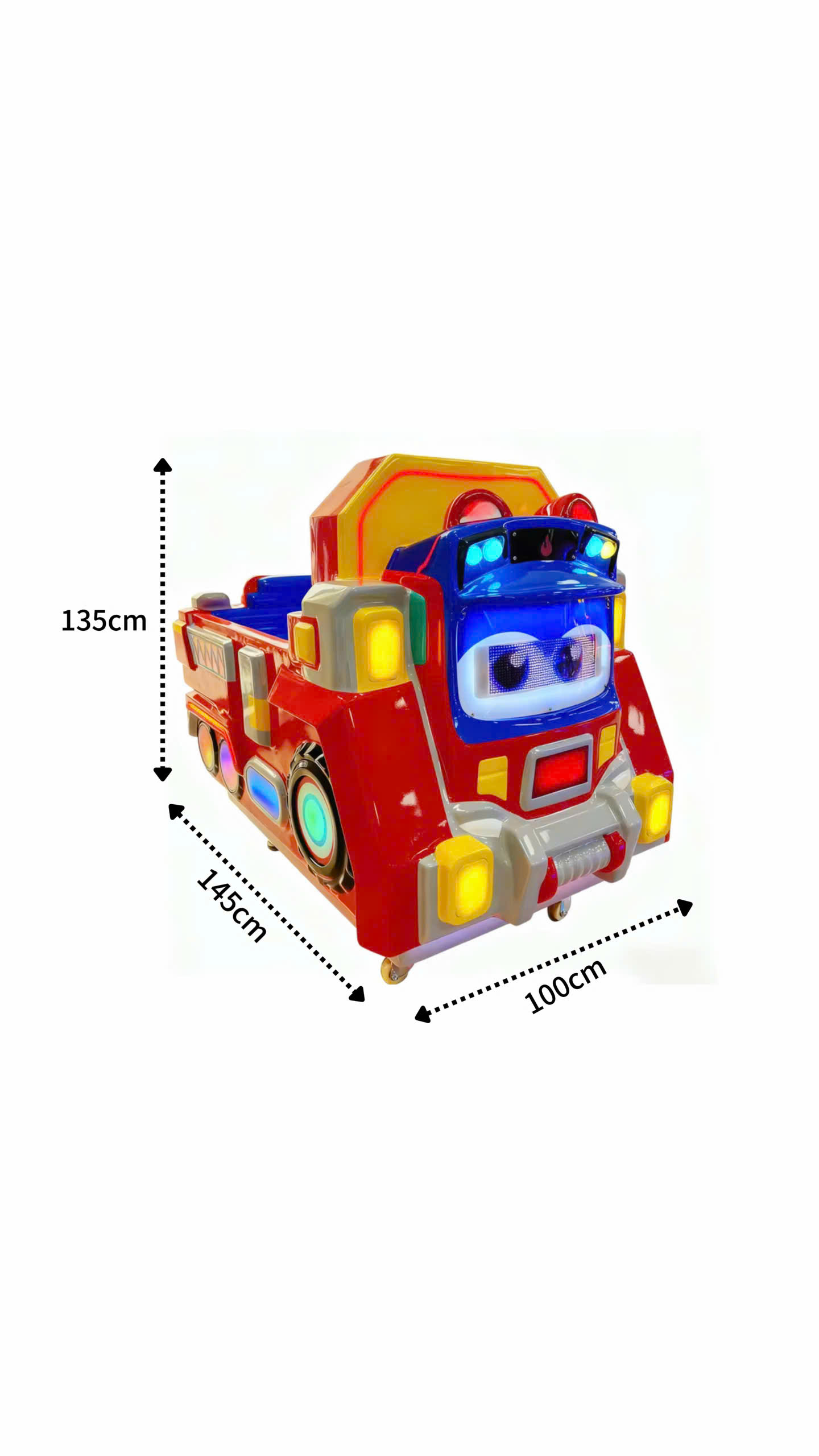 Kích thước chi tiết xe nhún điện cứu hỏa cho bé: Dài 145cm, Rộng 100cm, Cao 135cm.