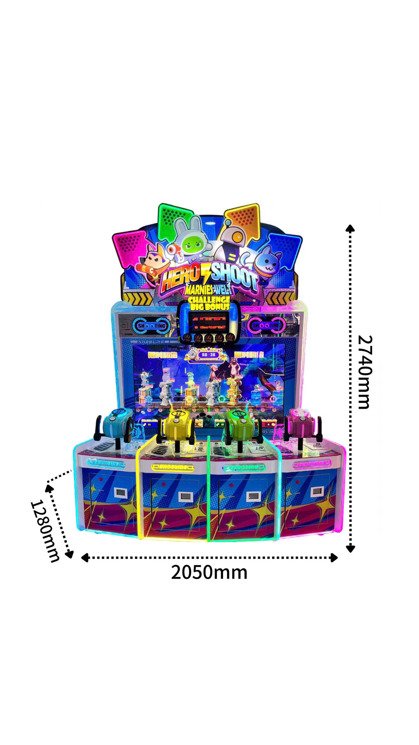 Kích thước máy game Hero Shoot: 2050x1280x2740mm.