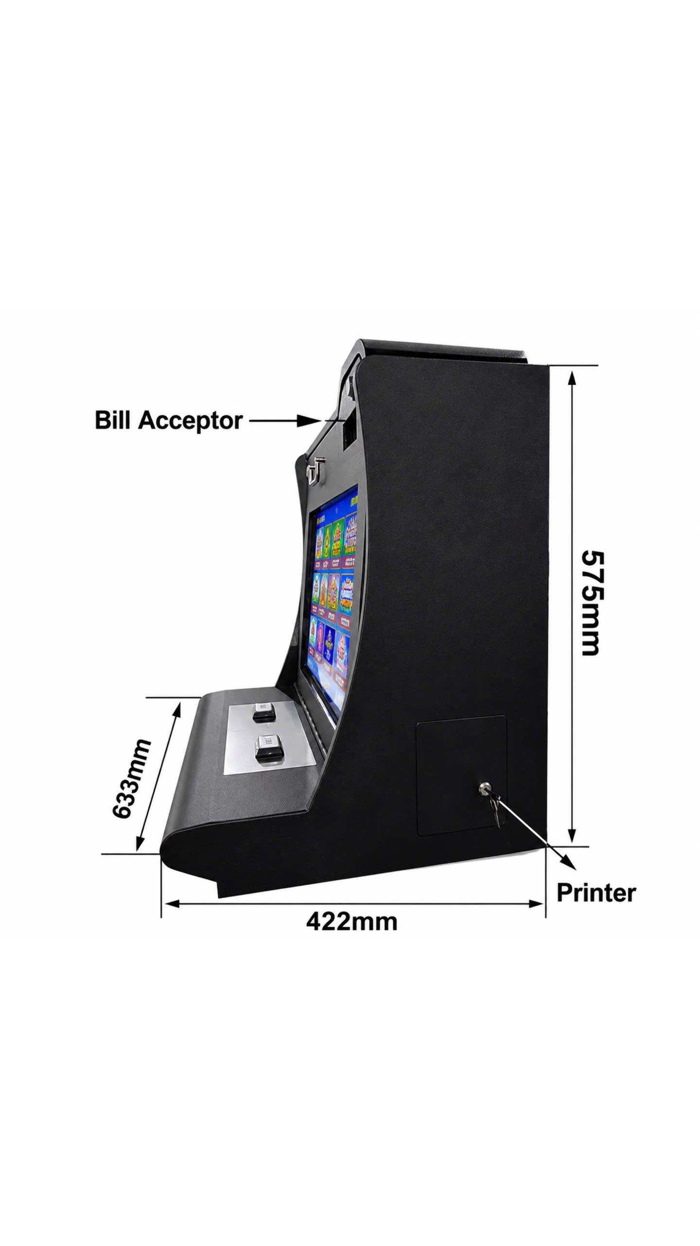 Angled view of the 22-inch touchscreen game cabinet