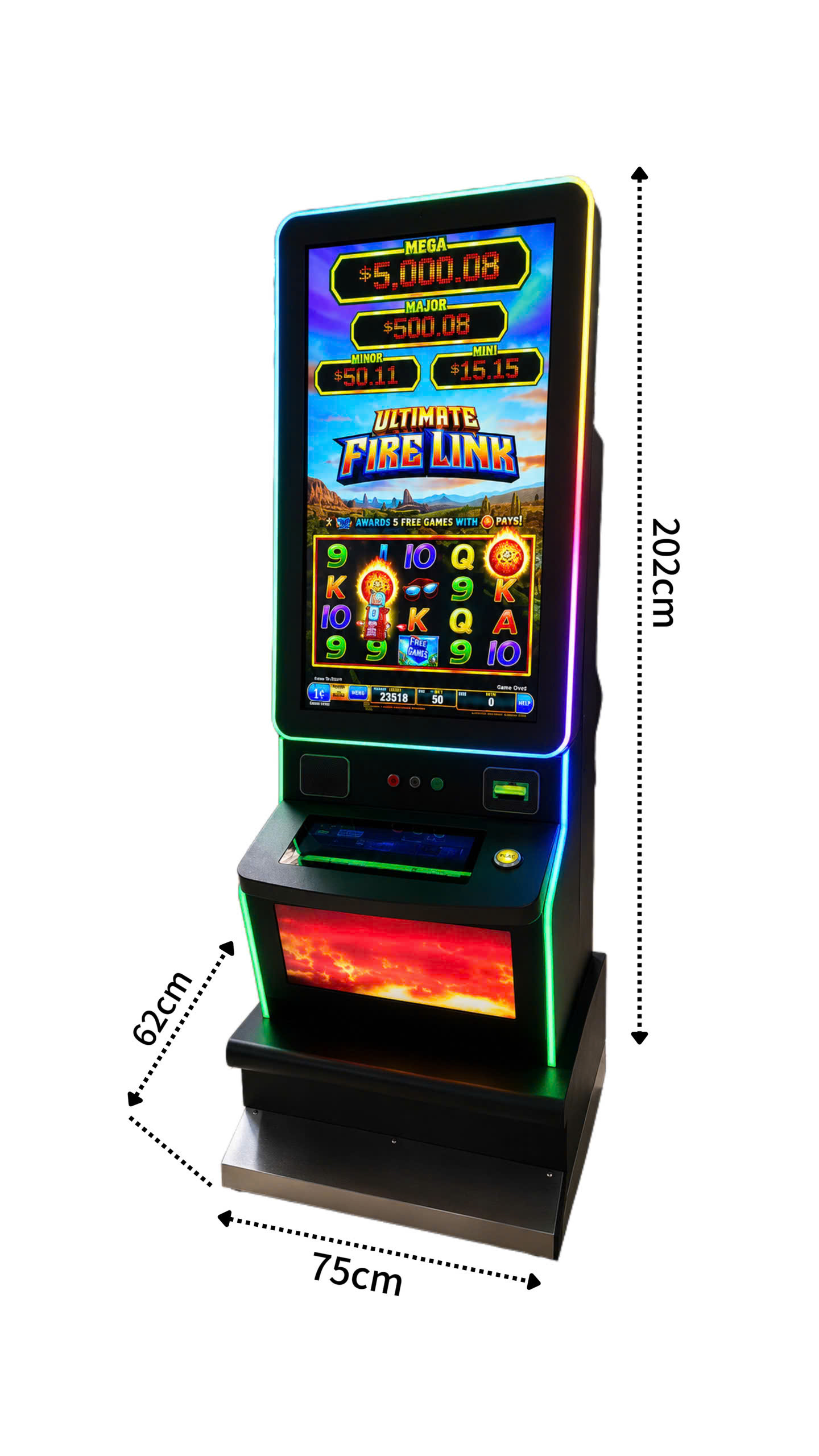 43 inch vertical Fire Link touchscreen arcade machine with dimensions for game room use
